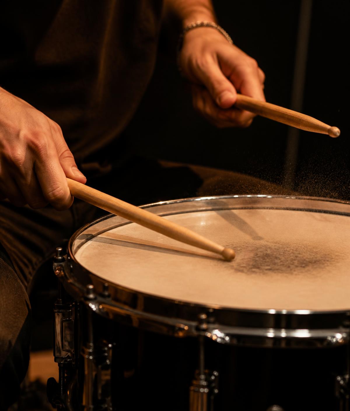 Handen met drumsticks op een snaredrum